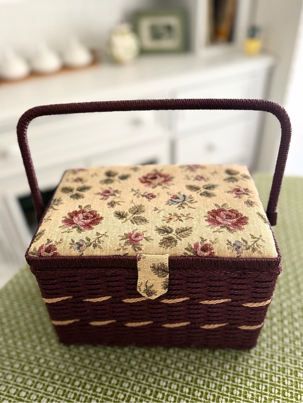 Vintage Woven Wicker Sewing Basket Floral Tapestry Lid  Burgundy